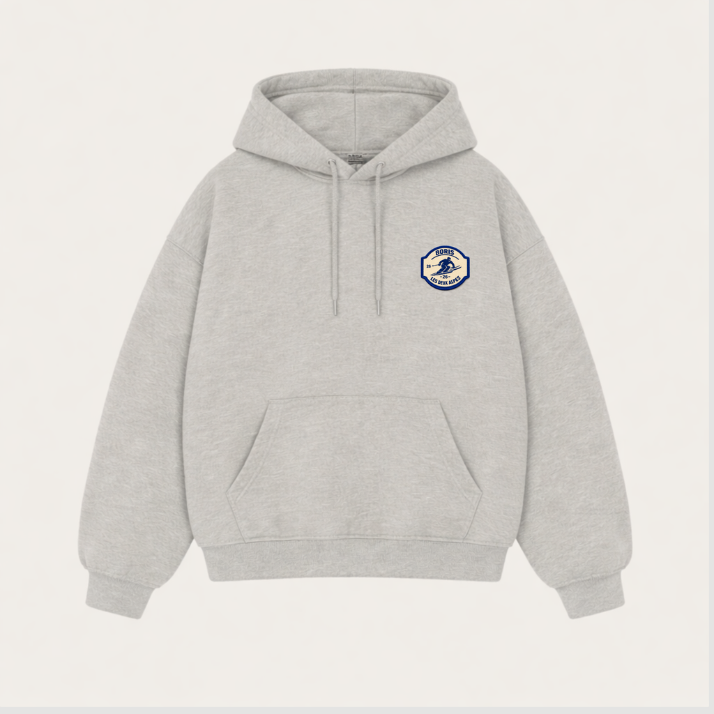 Les Deux Alpes Hoodie – Heather Grey with Blue Back Print