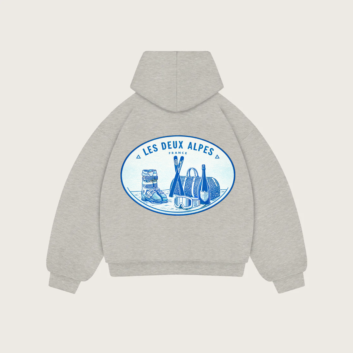 Les Deux Alpes Hoodie – Heather Grey with Blue Back Print